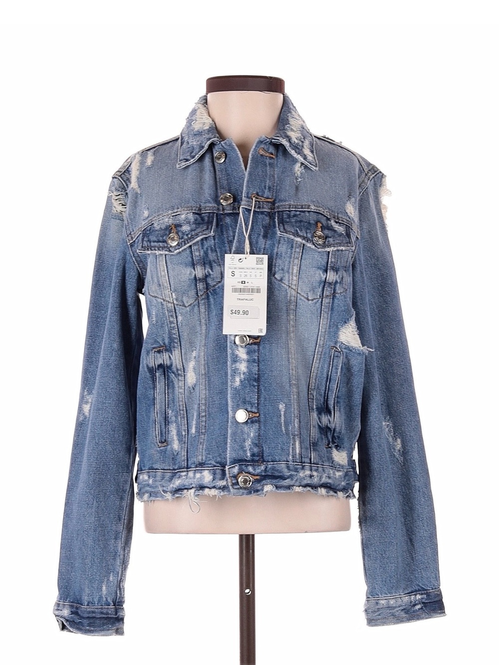 Zara Trafaluc Distressed Light Wash Denim Jacket